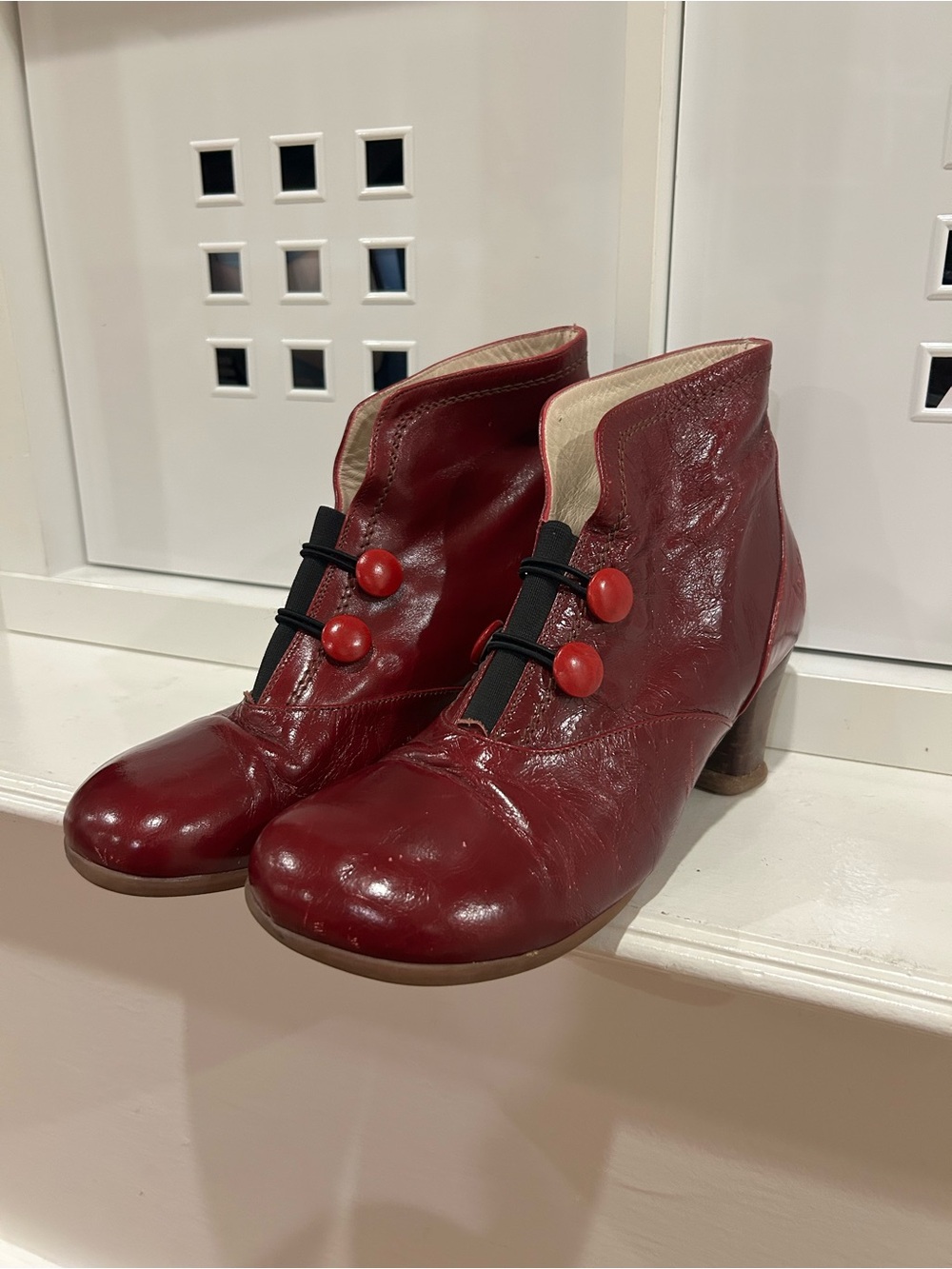 John Fluevog Red Leather Block Heel Ankle Boots